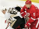 Sidney Crosby (vlevo) z Pittsburghu v souboji s Nicklasem Lidstr�mem z Detroitu.
