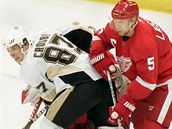 Sidney Crosby (vlevo) z Pittsburghu v souboji s Nicklasem Lidstr�mem z Detroitu.
