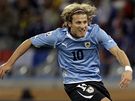 ST�ELA. Uruguayský úto�ník Forlán (v modrém) pálí na francouzskou branku.