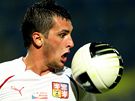 V REPREZENTA�N�M DRESU. Martin Fenin v utk�n� proti Loty�sku. 