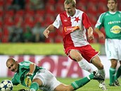 SOUBOJ ZKU�EN�CH. Stanislav Vl�ek ze Slavie bojuje o m�� s le��c�m Markem