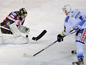 Sparťanský gólman Martin Falter zasahuje před brněnským obráncem Tomášem Žižkou.