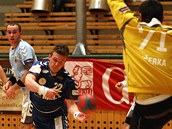 Michal Tonar z Plzně střílí na branki hranického gólmana Josefa Kučerku.