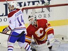Tom� Plekanec z Montrealu p�ekon�v� calgarsk�ho g�lmana Miikku Kiprusoffa. 