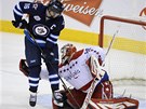 Brank�� Tom� Vokoun z Washingtonu zasahuje proti Andrewovi Laddovi z Winnipegu.