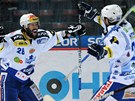 ROZHODUJ�C� MOMENT. Brn�nsk� hokejista Radek Dlouh� (vlevo) oslavuje g�l, kter�...