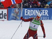 S VLAJKOU DO CÍLE. Norský reprezentant Emil Hegle Svendsen vítězí v závodu