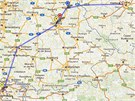 Mod�e se �lut�mi �ipkami pl�novan� trasa letu OK-OAD. Posledn� potvrzen� poloha