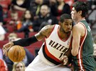 LaMarcus Aldridge (vlevo) z Portlandu se pokou�� protla�it p�es Ersana Ilyasovu
