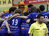 Vítkovičtí florbalisté oslavují semifinálové vítězství nad Chodovem.