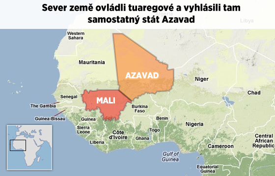 Mapa Mali. Sever země ovládli na jaře islamisté společně Tuaregy. Ti pak... Mapa Mali. Sever země ovládli na jaře islamisté společně Tuaregy. Ti pak...