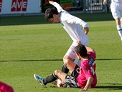 PUSŤ! Pavel Černý z Hradce se pokouší vydolovat míč zpod budějovického