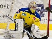 ZKUŠENÁ OPORA. Ústecký brankář Zdeněk Orct chytá puk ve finále 1. ligy proti ZKUŠENÁ OPORA. Ústecký brankář Zdeněk Orct chytá puk ve finále 1. ligy proti