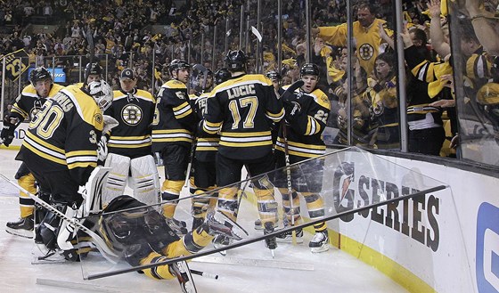 SMOLAŘ. Hokejisté Bostonu slavili vítězství a Davida Krejčího (ležící) mezitím SMOLAŘ. Hokejisté Bostonu slavili vítězství a Davida Krejčího (ležící) mezitím