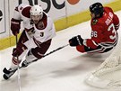 Za brankou Chicaga se s pukem proh�n� Keith Yandle, napad� ho Dave Bolland.