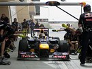 ZKOU��M MOKR� GUMY NA P�SKU. Sebastian Vettel p�i zast�vce v boxech b�hem
