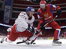 SOUBOJ O PUK. �esk� obr�nce Miroslav Bla��k (vlevo) bojuje o puk s Alexandrem