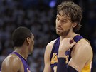 Metta World Peace (vlevo) a Pau Gasol z LA Lakers v diskusi.