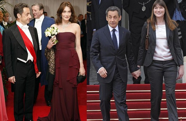 Nicolas Sarkozy a jeho man�elka Carla v roce 2008 a p�i odchodu z Elysejsk�ho