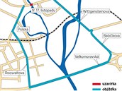Mapa velk� obj��ky, kter� �ek� �idi�e v centru Olomouce kv�li uzav�en�mu mostu na t��d� 17. listopadu. Pro zv�t�en� klikn�te.