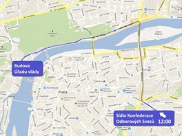 Trasa pr�vodu odbor��� v �ter� 22. kv�tna 2012