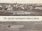 Srovn�vac� celkov� sn�mek Lidic p�ed a po jejich zni�en�. Lidice byly po v�lce