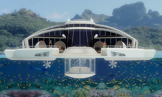 Boční pohled na plovoucí hotel Solar Floating Resort s podvodní prosklenou Boční pohled na plovoucí hotel Solar Floating Resort s podvodní prosklenou