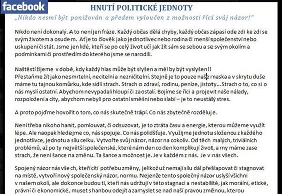 Ji�� Pomeje na Facebooku zalo�il Hnut� Politick� Jednoty.