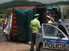 Kamion havaroval dopoledne po 11. hodin�. Provoz na d�lnici byl obnoven a� po