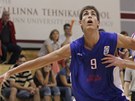 Český basketbalista Adam Pecháček (v modrém dresu) v podkošovém souboji v Český basketbalista Adam Pecháček (v modrém dresu) v podkošovém souboji v