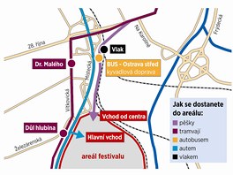 Nákres, jak se dostat do areálu Dolní oblasti Vítkovice, kde se koná festival Nákres, jak se dostat do areálu Dolní oblasti Vítkovice, kde se koná festival