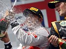 Lewis Hamilton (vlevo) si u��v� v�t�zstv� ve Velk� cen� Ma�arska. Sprchuje ho