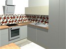 Dominantn�m prvkem v kuchyni je lamin�tov� obklad s v�razn�mi geometrick�mi