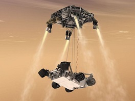 V z�v�re�n� f�zi p�ist�n� se voz�tko Curiosity od je��bu (sky crane) odd�l� a