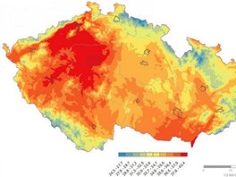 Teplotn� mapa ze 20. srpna 2012, kdy ve st�edo�esk�ch Dob�ichovic�ch padl �esk�