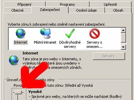 Nastaven� vysok� �rovn� zabezpe�en� v Internet Exploreru 8. 