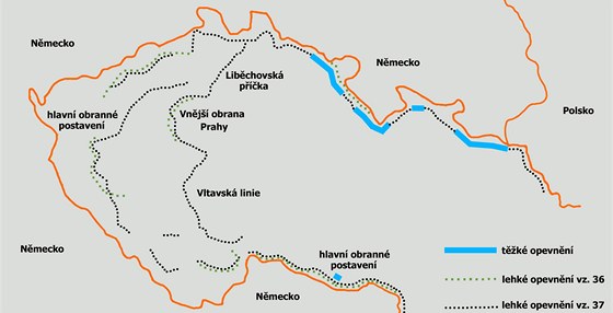 Schéma prvorepublikového opevnění na území dnešní České republiky Schéma prvorepublikového opevnění na území dnešní České republiky