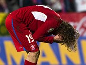 Český fotbalový reprezentant Petr Jiráček si zoufá během duelu s Dánskem. Český fotbalový reprezentant Petr Jiráček si zoufá během duelu s Dánskem.