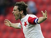 STŘELCOVA RADOST. Karol Kisel ze Slavie se těší z gólu. STŘELCOVA RADOST. Karol Kisel ze Slavie se těší z gólu.