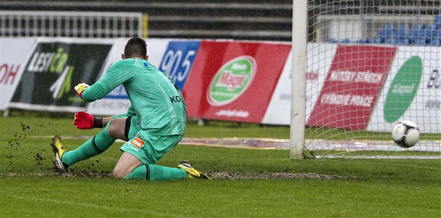 PŘEKONANÝ BRANKÁŘ. Hradecký gólman Tomáš Koubek se už na sklonku první minuty... PŘEKONANÝ BRANKÁŘ. Hradecký gólman Tomáš Koubek se už na sklonku první minuty...