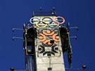 The logo of the Winter Olympics in Sarajevo is seen on a tower near the Zetra... The logo of the Winter Olympics in Sarajevo is seen on a tower near the Zetra...