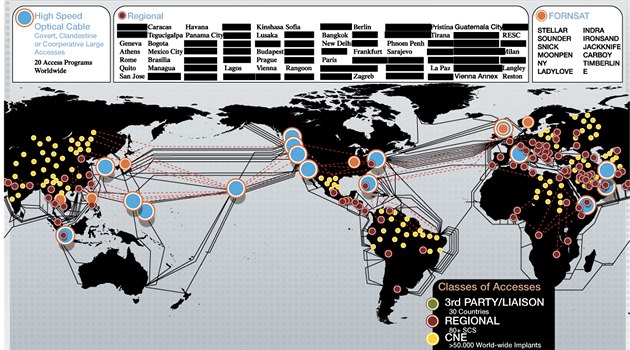 Mapa zobrazující místa, odkud NSA získává informace. Žlutě je vyznačeno... Mapa zobrazující místa, odkud NSA získává informace. Žlutě je vyznačeno...