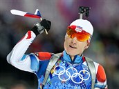DALŠÍ MEDAILE. Český biatlonista Ondřej Moravec v cíli smíšené štafety. (19.... DALŠÍ MEDAILE. Český biatlonista Ondřej Moravec v cíli smíšené štafety. (19....