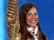 Eva Samková se raduje z vítězství ze zlaté medaile v snowboardkrosu. Eva Samková se raduje z vítězství ze zlaté medaile v snowboardkrosu.