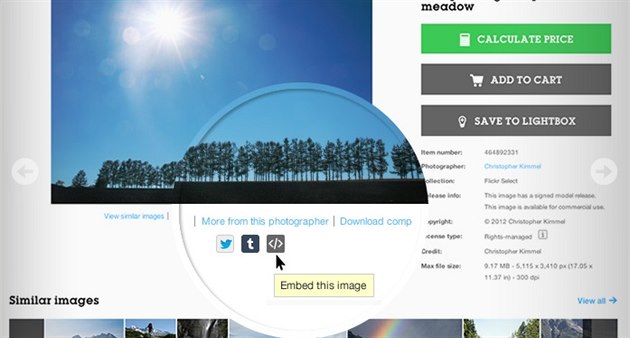 Tlačítko, které na serveru Getty Images vygeneruje kód pro zobrazení snímku,... Tlačítko, které na serveru Getty Images vygeneruje kód pro zobrazení snímku,...
