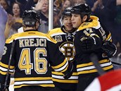 David Krejčí, Jarome Iginla a Milan Lucic (zleva) slaví gól Bostonu. David Krejčí, Jarome Iginla a Milan Lucic (zleva) slaví gól Bostonu.