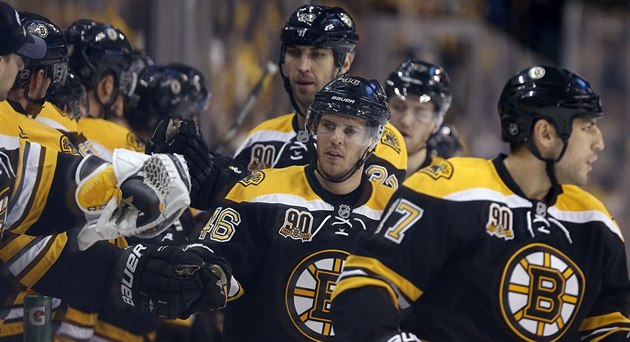 David Krejčí (46) slaví svůj gól se spoluhráči z Bostonu. David Krejčí (46) slaví svůj gól se spoluhráči z Bostonu.
