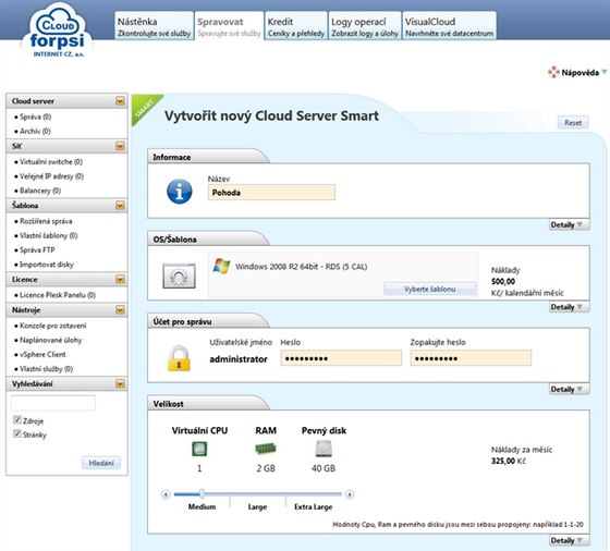 Administrační rozhraní FORPSI Cloudu je intuitivní a přehledné. Administrační rozhraní FORPSI Cloudu je intuitivní a přehledné.