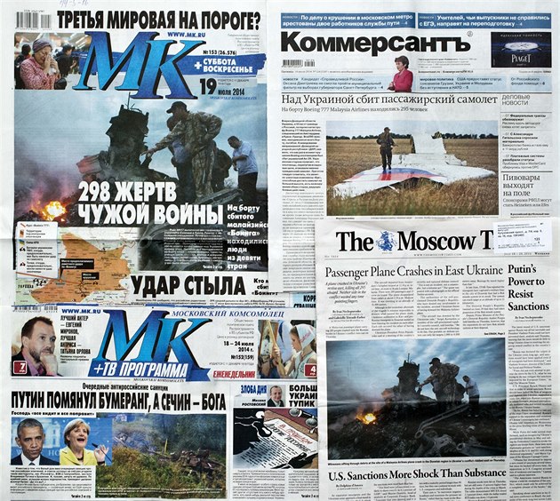 Titulní stránky ruských deníků z konce týdne, kdy se zřítil let MH17. Mnohá... Titulní stránky ruských deníků z konce týdne, kdy se zřítil let MH17. Mnohá...
