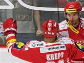Třinečtí hokejisté slaví trefu Tomáše Plíhala (čelem). Třinečtí hokejisté slaví trefu Tomáše Plíhala (čelem).
